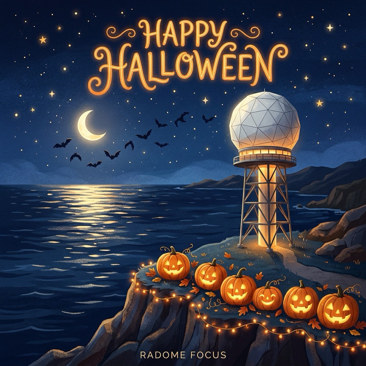 Radome Focus Halloween poster: a radar tower on a seaside cliff under a crescent moon, with bats and glowing pumpkins
